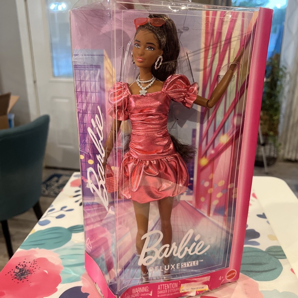 Barbie Deluxe Style Doll #6, African American, Metallic Coral Dress, New In Box!